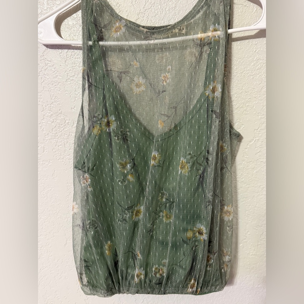 Liberty Love Green Floral Sleeveless Mesh Overlay Top